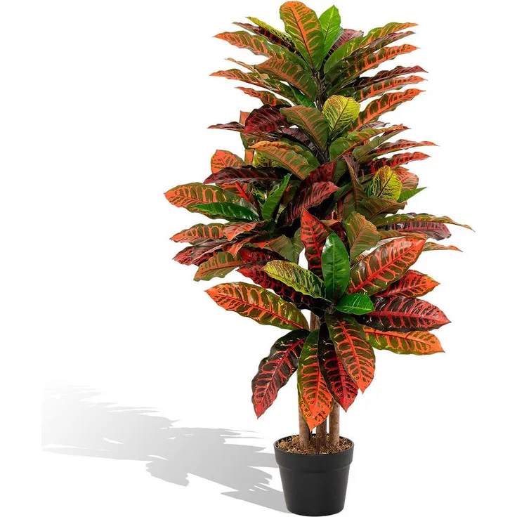 Costway Künstlicher Palmenbaum Kroton, 100 cm, Rot, mit natürlichen Holzstamm und üppigen Blättern, Dekoration für Zuhause und Büro