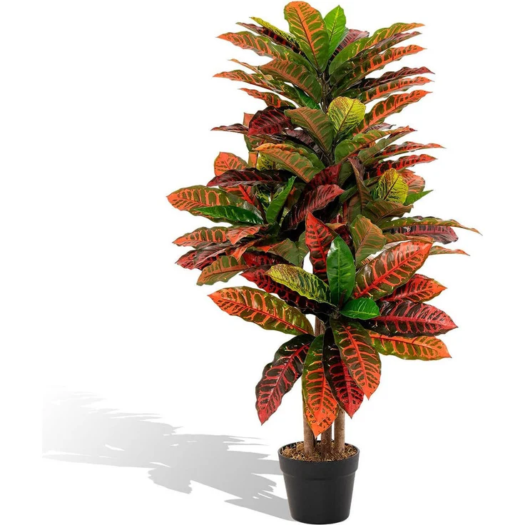 Costway Künstlicher Palmenbaum Kroton, 100 cm, Rot, mit natürlichen Holzstamm und üppigen Blättern, Dekoration für Zuhause und Büro