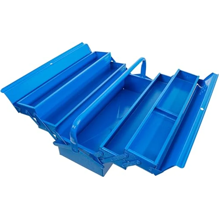 BGS TECHNIC Metall-Werkzeugkasten leer, 5 Fächer, 530 x 200 x 200 mm, hammerschlagblau, Stahlblech mit automatischer Schließfunktion und klappbarem Tragebügel – Bild 3