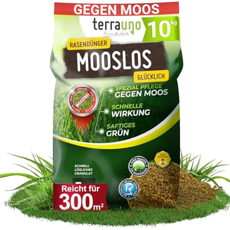 TerraUno Rasendünger Frühjahr Mooslos Glücklich, Eisendünger gegen Moos, 10 kg für 300 m², extrafeines Granulat, Dünger für den Streuwagen