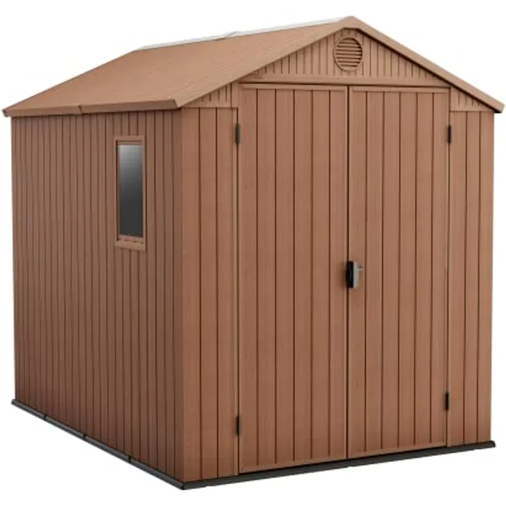 Keter Gerätehaus Darwin 6x8, Braun, Außenmaße 190x244x221cm, wartungsfrei, wetterfest, wasserdicht, mit Unterboden