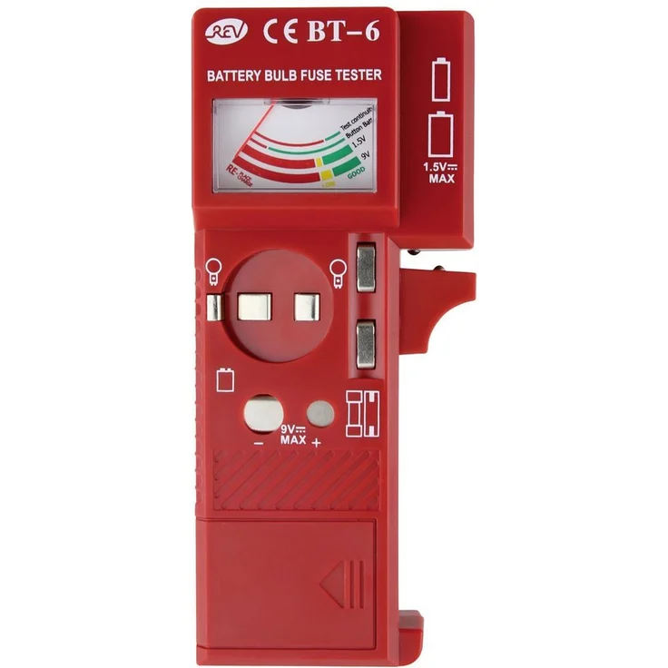 REV Batterietester BT-6, Elektrisches Messgerät für Batterien, Glühlampen und Sicherungen, rot