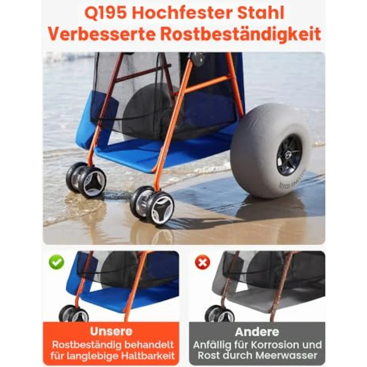 VEVOR Strandwagen mit Ballonreifen (12 Zoll), Faltbarer Strandtrolley mit Isoliertasche & Schirmhalter, 75 kg Tragkraft für bis zu 4 Strandstühle, ideal für Camping und Angeln – Bild 4