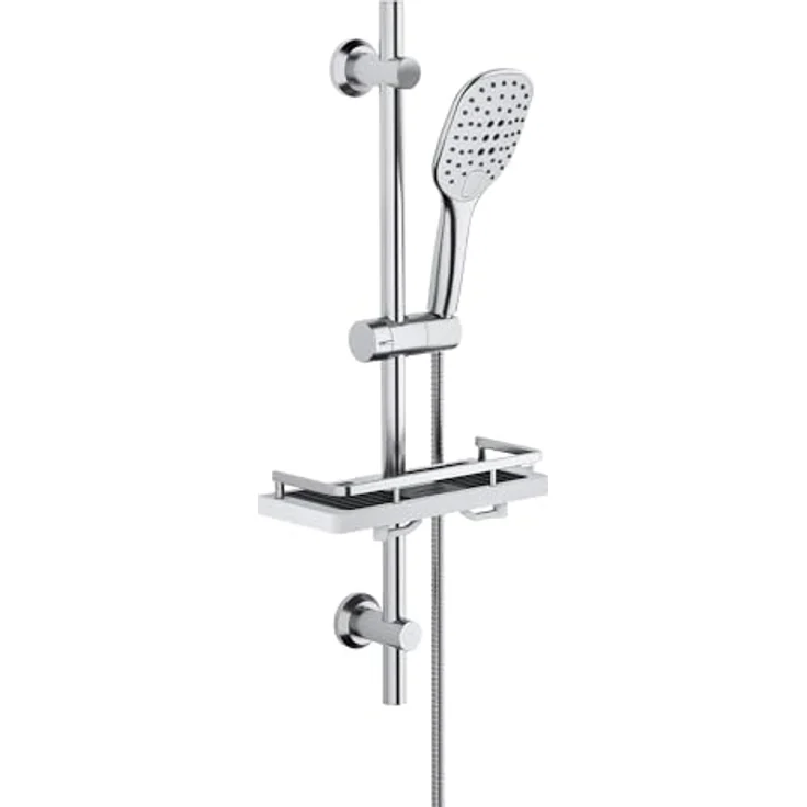 Görbach Edelstahl Duschstange mit Brause, Brausestangeset 70 cm, glänzend in Chrom, mit 3 Strahlarten und XXL Duschablage – Bild 1