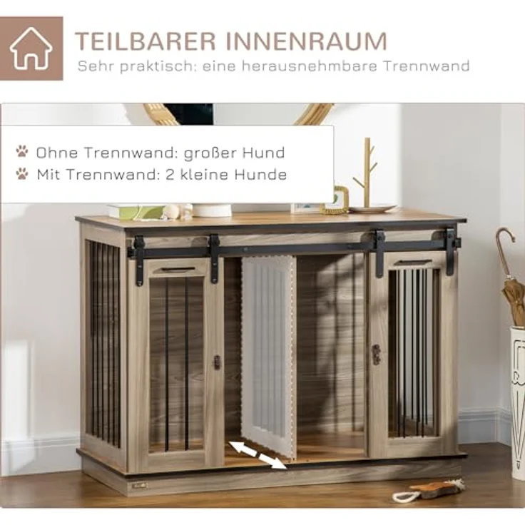 PawHut Hundekäfig, Haustierkäfig, Hundehütte mit Zweiraum-Option für Mittelegroße Hunde, Hundebox mit Doppeltüren, Hundehaus, Eiche, 120 x 60 x 88,5 cm – Bild 4