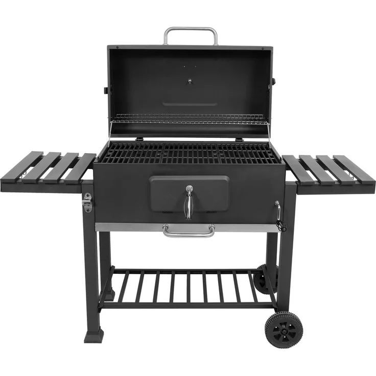 LUND Holzkohlegrill 78x42.5 cm mit Deckel und Ablage, Gusseisen, XXL-Grill mit Gussrost und Flaschenöffner