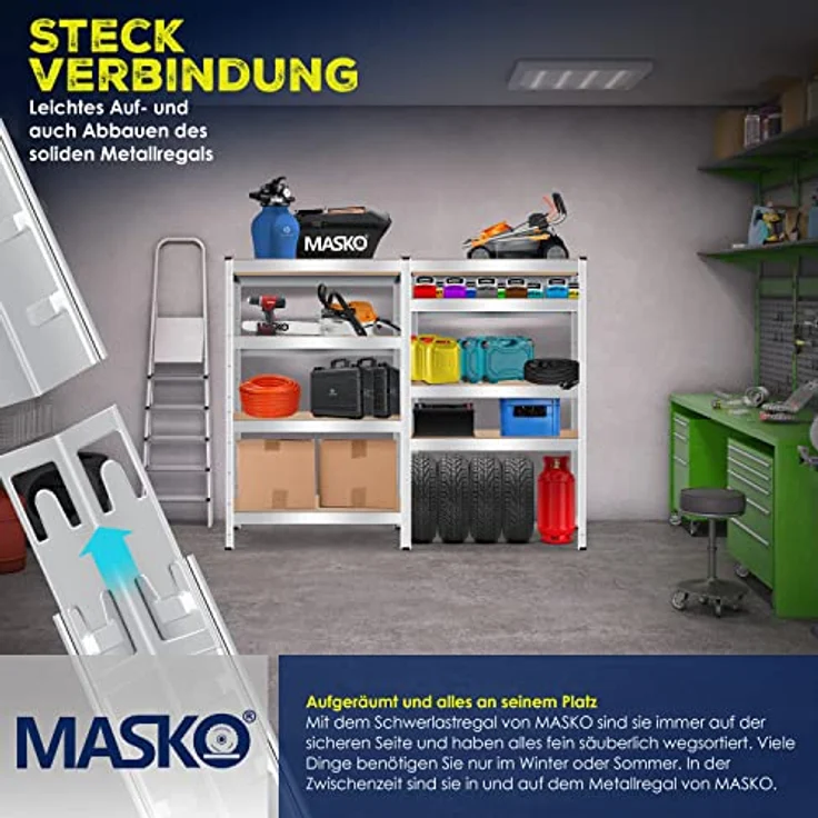MASKO 2er-Set Lagerregal Schwerlastregal, Kellerregal , bis 875 kg belastbar, 5 verstellbare Ablagen, MDF-Platten Regal aus Metall, Steckregal, Werkstattregal, Keller, Garage 2x 160x80x40cm 4-Böden, 2x Silber 700kg – Bild 7