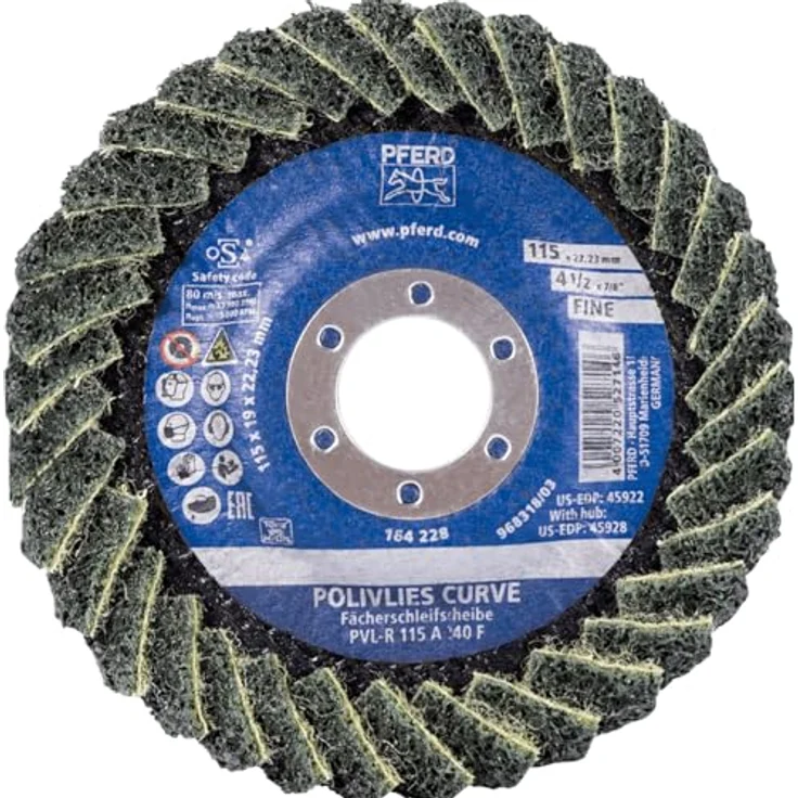 PFERD Polivlies 45922 Fächerscheibe, PVL-R, 11,4 cm x 2,2 cm, feine Körnung aus Aluminiumoxid, flexible Oberflächenbehandlungsscheibe – Bild 2