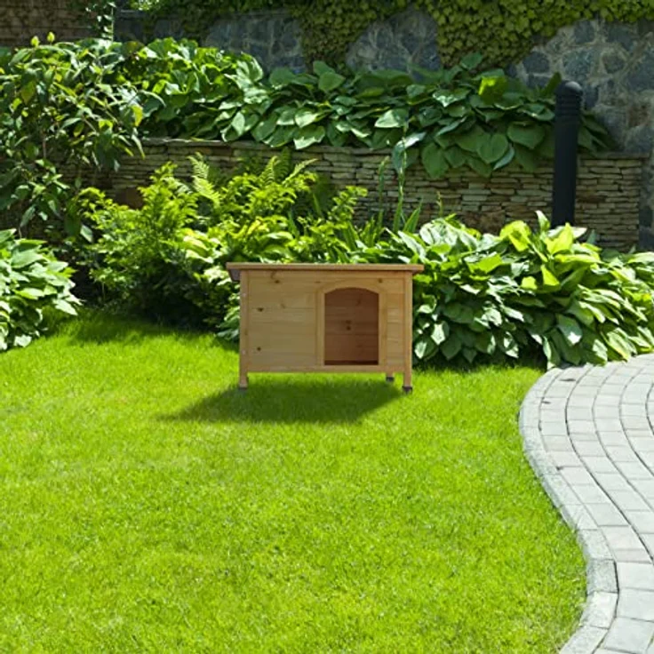 Relaxdays Hundehütte, HxBxT: 58 x 86 x 58 cm, wetterfestes Hundehaus, Holz, Dachpappe, Hundevilla Outdoor, Natur/schwarz – Bild 2