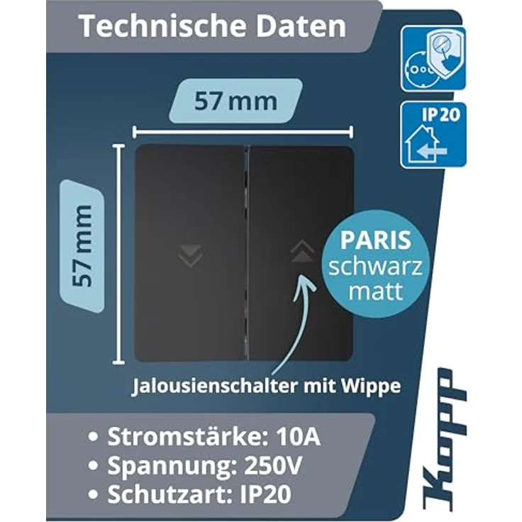 Kopp Abdeckrahmen 651550080, 1-polig Unterputzschalter aus matt schwarzem Kunststoff, IP20 Schutzart – Bild 2