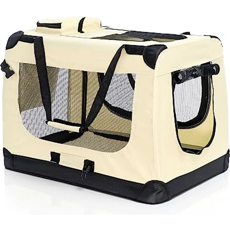 Fudajo Faltbare Transportbox für Hunde, Katzen XL (80x58x56cm), robust, leicht, sicher, mit Tragegriff und Decke, Beige – Bild 1