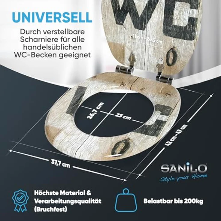 Sanilo WC Sitz Old Style, Toilettendeckel aus Holz mit Absenkautomatik und antibakterieller Oberfläche, 47 x 37,7 cm – Bild 4