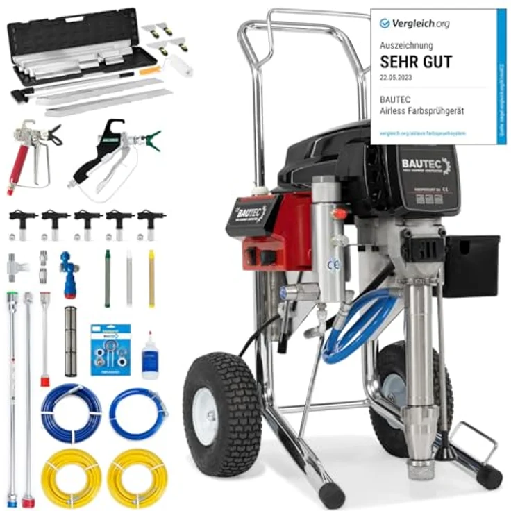 BAUTEC Farbsprühgerät Airless 384, Kolbenpumpe bis 6,3 l/min, Kombi-Set mit Flächenspachtel-Set – Bild 1
