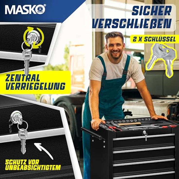 MASKO Werkstattwagen, 5 Fächer schwarz, Rollwagen mit Anti-Rutschbeschichtung, abschließbare Fächer, 26 kg – Bild 6