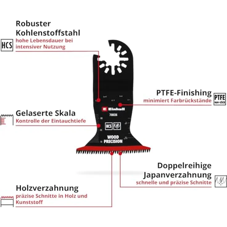 Einhell Tauchsägeblatt aus Kohlenstoffstahl, 65 mm Breite, 42 mm Eintauchtiefe, PTFE-Coating, Japanverzahnung, gekrümmte Schneide, Schnellwechselfunktion – Bild 2