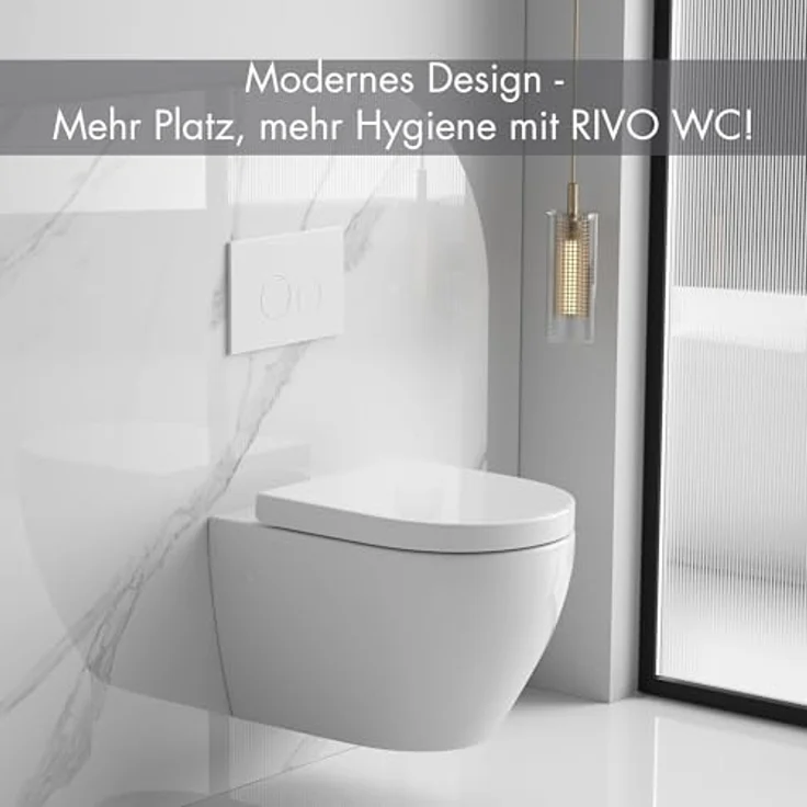 sanicomfort Hänge WC Rivo, spülrandloses Wand-WC Set in glänzendem Weiß, Softclose Absenkautomatik, Tiefspüler, Duroplast WC-Sitz, verdeckte Befestigung, hygienisch & pflegeleicht, platzsparend – Bild 2