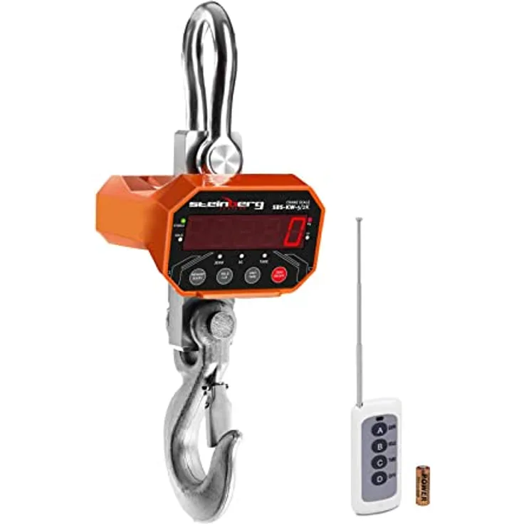 Steinberg Systems - Kranwaage Hängewaage (5 t / 1-2 kg, 10 m Fernbedienungsreichweite, 10 sek Wartezeit, Akku 6V/4Ah, LED) Orange