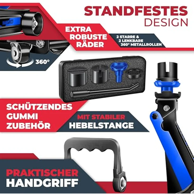 Masko Wagenheber hydraulisch Flache Hubhöhe + 2x Gummiauflage + Handschuhe KFZ Rangierwagenheber hydraulischer 360° Rollen Heber Unterstellbock, 2,5 Tonnen, Schwarz – Bild 4