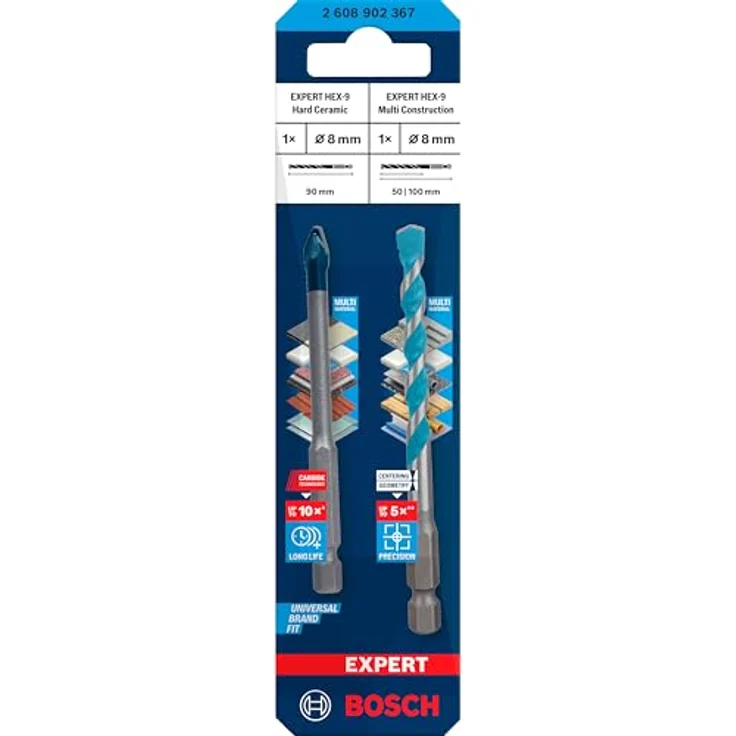 Bosch Expert HEX-9 Hard Ceramic + HEX-9 Multi Construction Bohrer, 8 mm, 2-tlg., präzise Bohrung für Fliesen und Baustoffe – Bild 2
