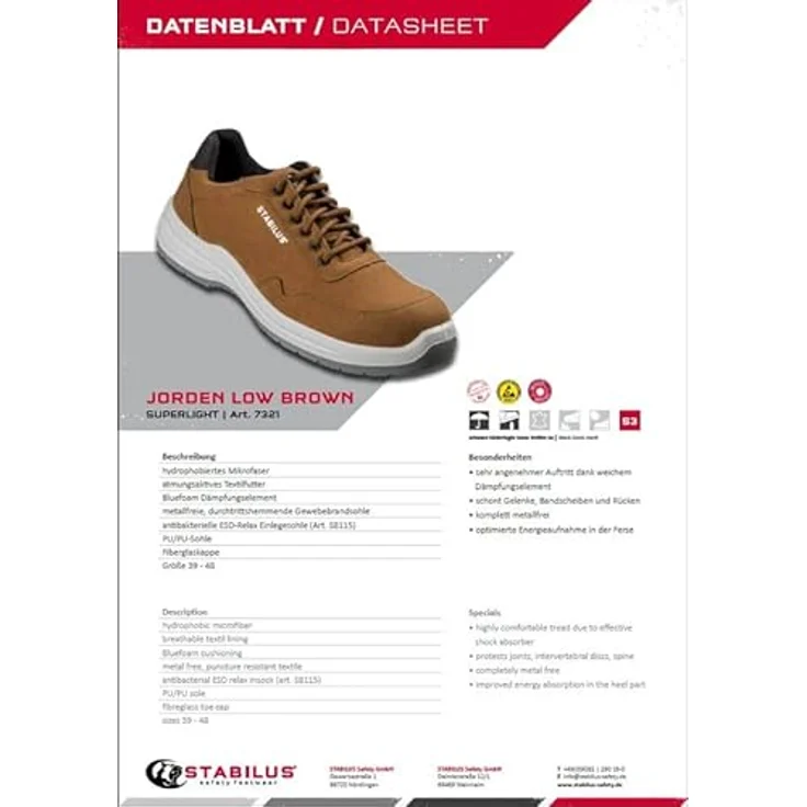 STABILUS JORDEN LOW BROWN S3 ESD Sicherheitshalbschuhe mit hydrophobiertem Mikrofaser-Schaft, atmungsaktivem Futter und Fiberglaskappe – Bild 6