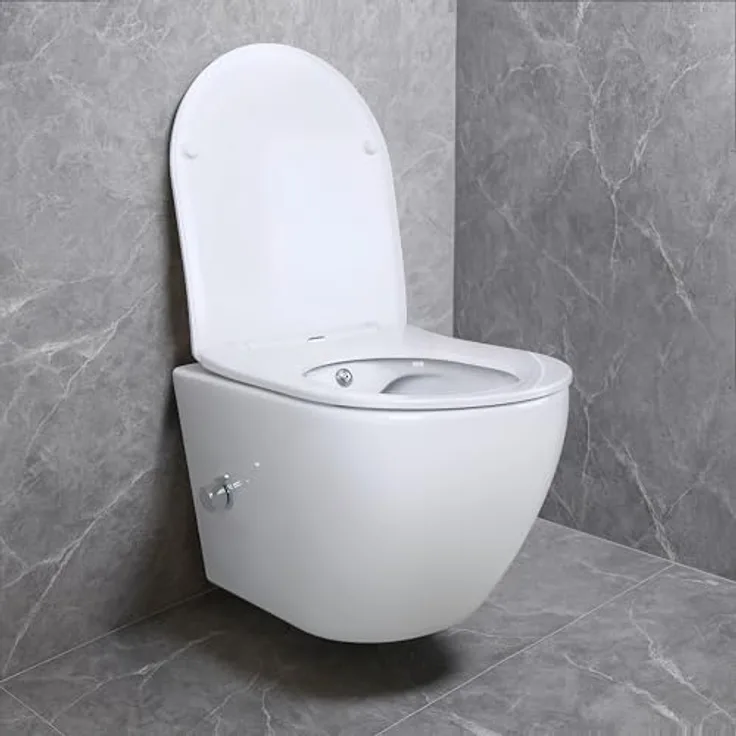 Aloni Tiefspül-WC AL55800+AL0411, Spülrandloses Taharet Dusch WC inkl. Armatur + Sitz Toilette - Keramik in Weiß
