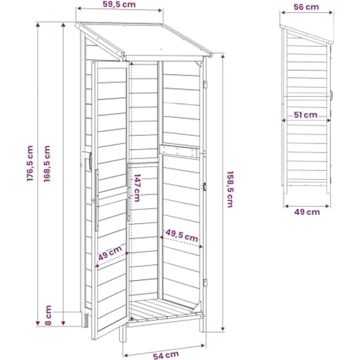 vidaXL Gartenhaus, weiß, 59,5 x 56 x 176,5 cm, aus Holz, wasserdichte Aufbewahrung mit großer Stauraum für Werkzeuge – Bild 3