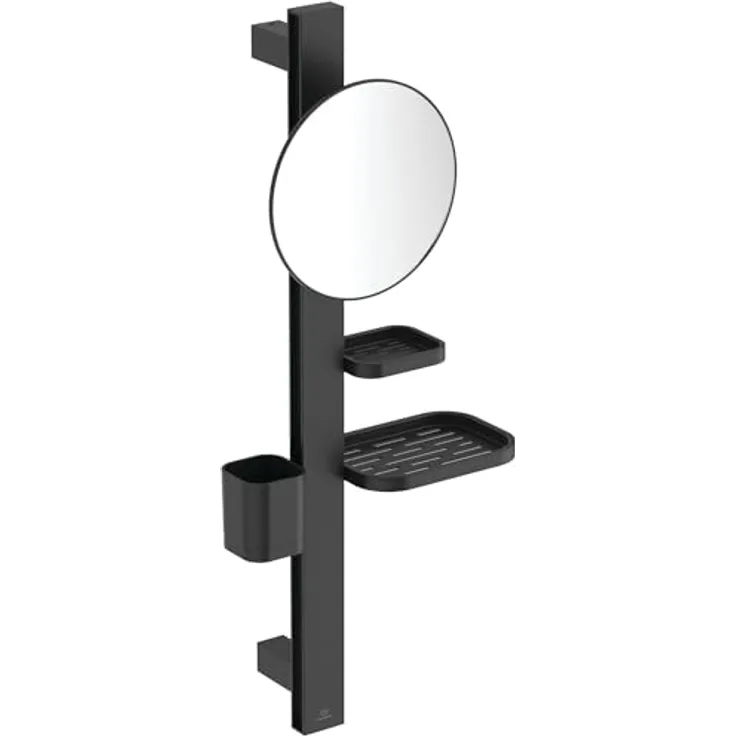 Ideal Standard Beauty Kosmetikspiegel-Set Bar, matt schwarz, höhenverstellbare Wandhalterung, inkl. 205 mm Kosmetikspiegel und herausnehmbaren Ablagen