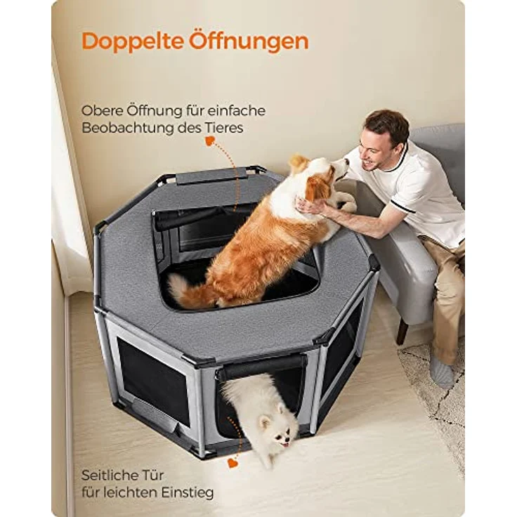 Feandrea Welpenauslauf Oxford-Gewebe, achteckiger Welpenlaufstall L, 112 x 112 x 62 cm, PVC-Rahmen, atmungsaktives Netz, Tasche, Taubengrau-schiefergrau – Bild 4
