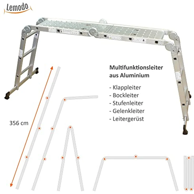 Alu Multifunktionsleiter | 12 Sprossen Leiter klappbar 4-teilig | 356 cm Länge | Gelenkleiter Leitergerüst Klappleiter Stehleiter Aluleiter Anlegeleiter Bockleiter | bis 150 kg – Bild 3