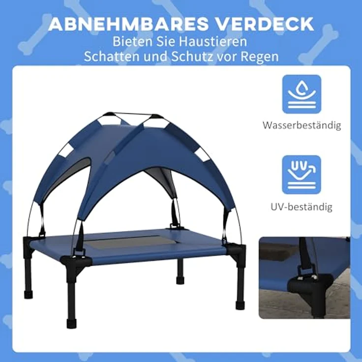 PawHut Erhöhtes Hundebett mit Baldachin, Haustierbett, Outdoor Hundeliege mit Dach, Atmungsaktiv, für Mini- und Kleinhunde Dunkelblau Oxford 61 x 46 x 63 cm – Bild 4
