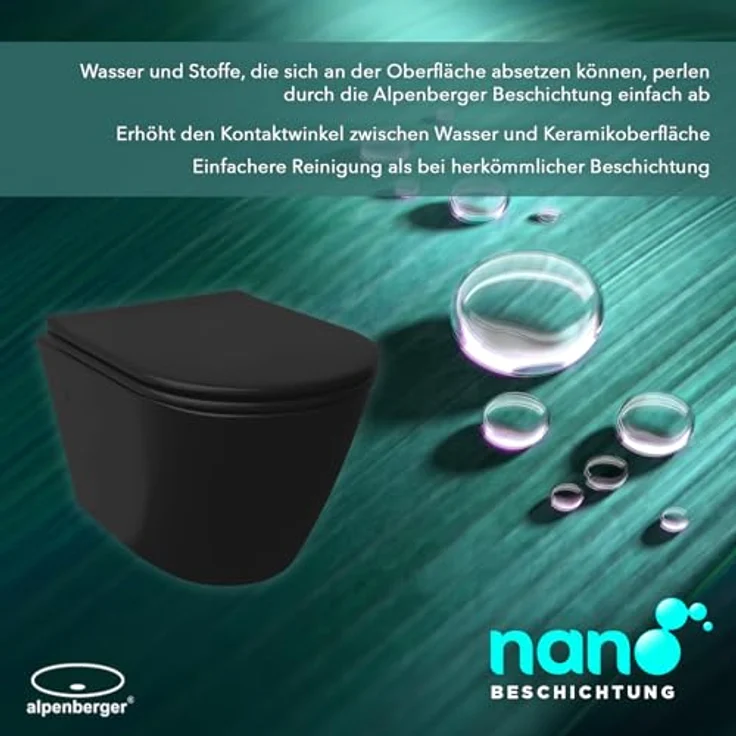 Alpenberger Tiefspül-WC Wand WC Spülrandlos - Hänge WC mit WC Sitz mit Absenkautomatik, Wand Montage, Abgang waagerecht, WC Becken Schwarz mit Nano, WC Schwarz Matt Spülrandlos - Schwarzes Klo – Bild 5