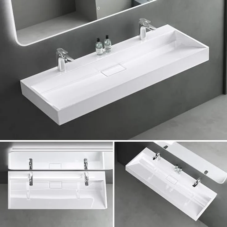 Mai & Mai Aufsatzwaschbecken Col19 Hängewaschtisch inkl. Ablaufgarnitur 2 Armaturenlöcher, Mineralguss, rechteckige Form, weiß – Bild 6