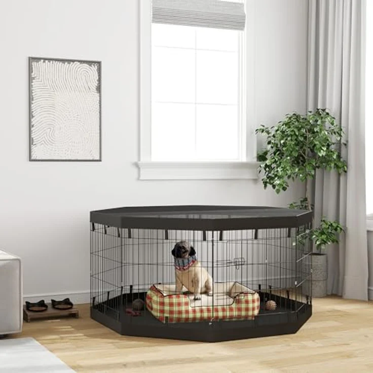 PawHut Welpenauslauf, Welpenlaufstall mit Türen, Fenster, Laufgitter, Atmungsaktiv Netz, für Hunde unter 20 kg, Indoor & Outdoor, 159 x 159 x 76 cm, Schwarz – Bild 2