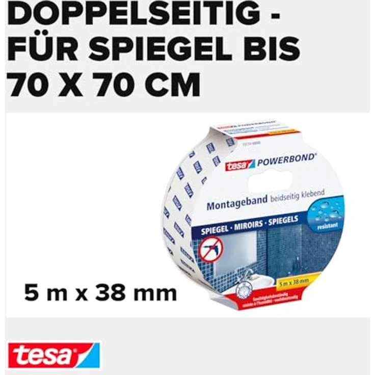 tesa Powerbond MIRROR - Doppelseitiges Montageband zur Fixierung von Spiegeln - Feuchtigkeitsbeständiges Klebeband für Bad und Dusche - 5 m x 38 mm – Bild 4