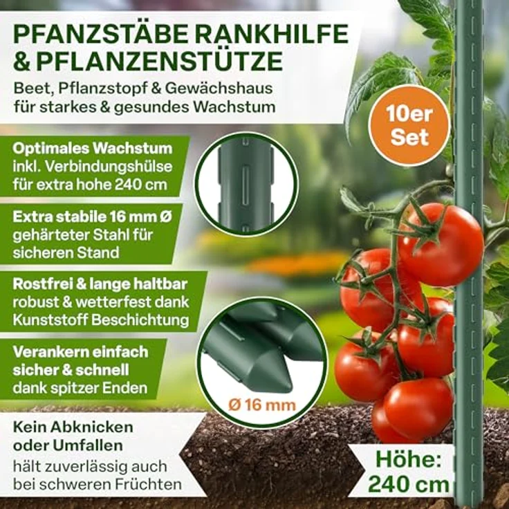 TTL GARDEN Rankstäbe 10er Set, 240cm x 16mm Ø grün, extra stabile Pflanzenstützen aus rostfreiem Stahl, inkl. Klettband für Tomaten, Paprika & Blumen – Bild 2