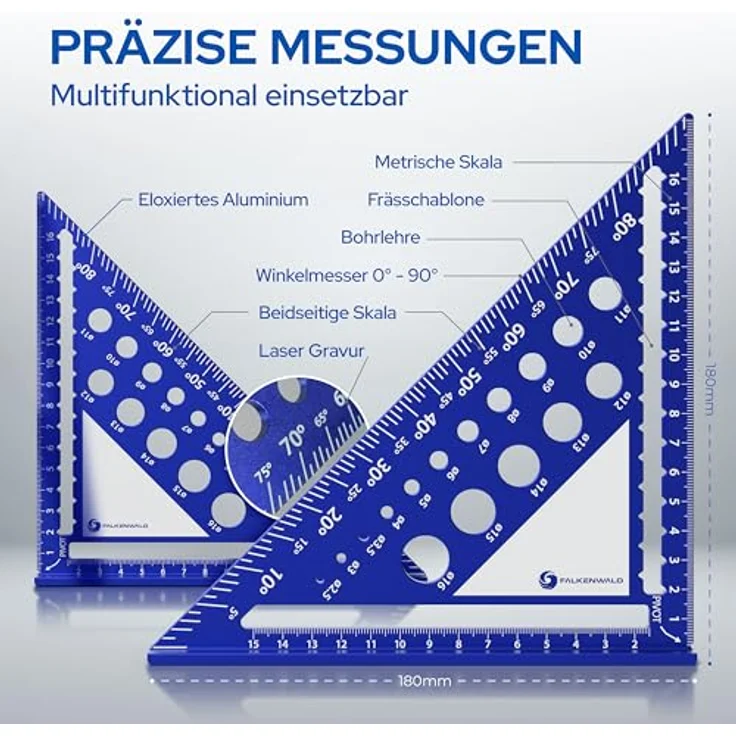 FALKENWALD® Zimmermannswinkel 180mm mit Schreibfläche und Tieflochmarker - Präzises Markieren auf Holz, Metall, Kunststoff, Beton - Anschlagwinkel mit metrischer Skala, abwischbarer Notizfläche - Geschenk für Männer – Bild 3