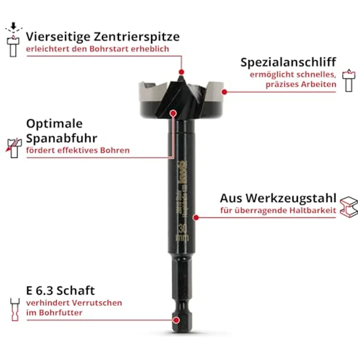 kwb Forstnerbohrer-Set 5-tlg. (15-35 mm, 88 mm Länge, Hex-Schaft, ausrissfreie Bohrlöcher, langlebig, für Hart-/Weichholz, inkl. Holzkassette) – Bild 2