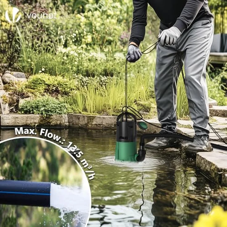 VOUNOT 3-in-1 Tauchpumpe mit Schwimmerschalter, Schmutzwasserpumpe Flachsaugend, 13500 l/h, Förderhöhe max 7.5 m, Eintauchtiefe max. 7 m, Verstellbar für Schmutz- & Klarwasser, 10 m Anschlusskabel, PPGF 30 - Robust und effizient - VOUNOT Tauchpumpe – Bild 2