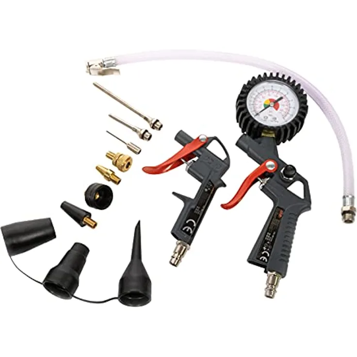 MAUK 13tlg Reifenfüller Druckluft Set mit Manometer und 8tlg Adapterset, max. 8 bar, für Autoreifen, Fahrräder, Luftmatratzen