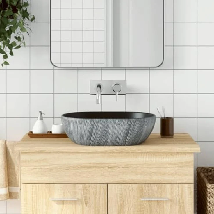 vidaXL Aufsatzwaschbecken, Oval Waschbecken mit Muster, Handgefertigt Waschtisch Waschschale für Badezimmer, Handwaschbecken Spülbecken, Schwarz Grau 47x33x13 cm Keramik – Bild 2