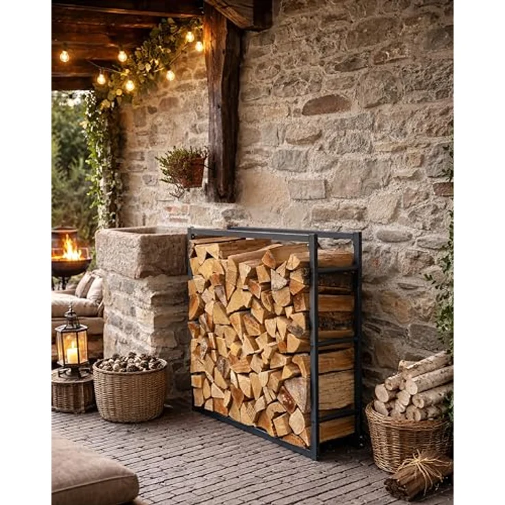 QUICK STAR Metall Kaminholzstand 90x25x90cm, pulverbeschichtetes Stahlregal in Anthrazitgrau für Innen und Außen, geeignet für Holzscheite ab 25cm – Bild 3