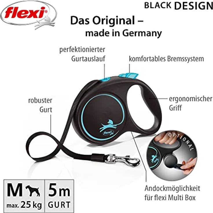 flexi Rollleine Design - Schwarz/Blau - M, Small, Deutsche Qualität, Patentiertes Bremssystem – Bild 2