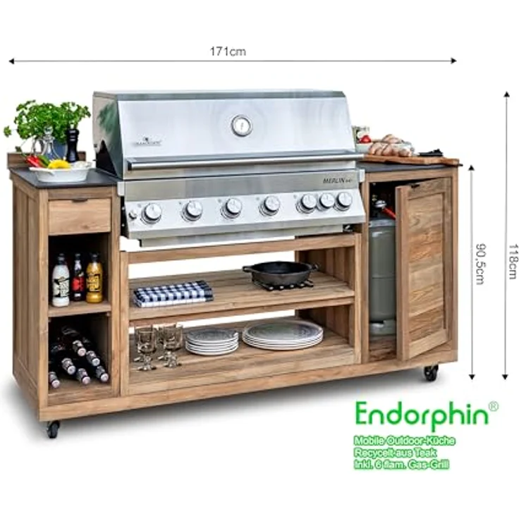 Endorphin Gasgrill Mobile Outdoor-Küche aus recyceltem Teak inkl. 6 flam. Gas-Grill, mit urban carbon Arbeitsplatte – Bild 3
