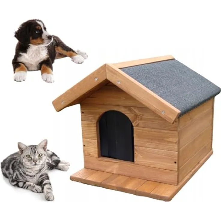 QLS Hundehütte Hundehöhle Hundehaus 50 x 45 x 53 cm Wetterfest Katzenhaus Isoliert Tierhütte Outdoor, Teakholzfarbe