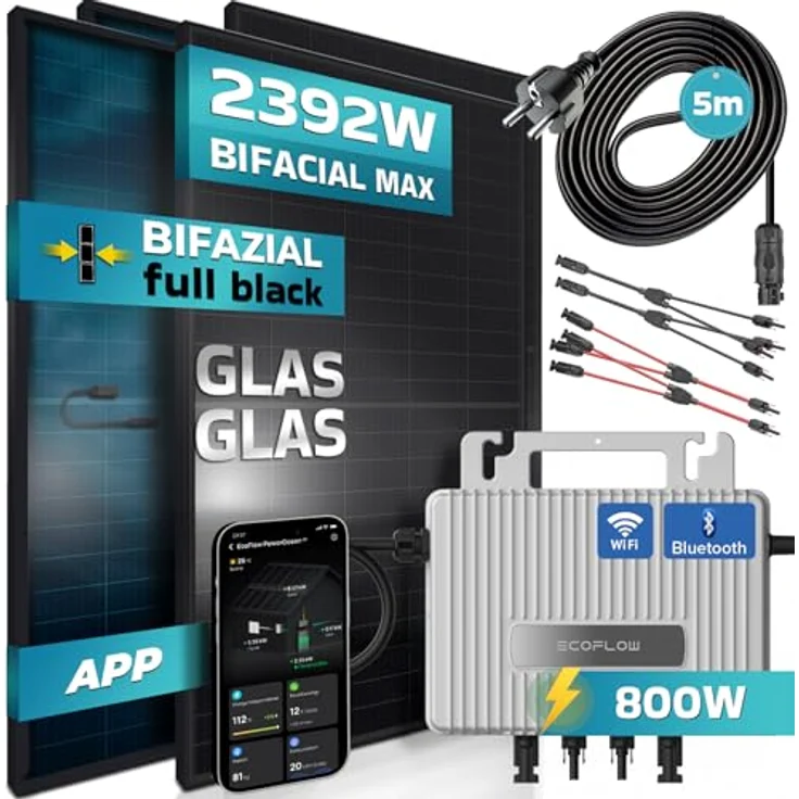 SUNNIVA® Balkonkraftwerk FULL BLACK BIFACIAL GLAS GLAS 2392W/800W Solaranlage mit 800W Ecoflow Stream Micro Wechselrichter Wifi Bluetooth, 4x460W Bifaziale Solarmodule, 5m Kabel – Bild 2