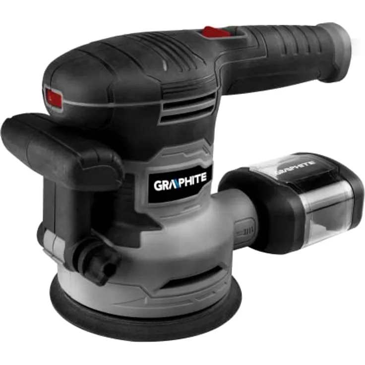 GRAPHITE Exzenterschleifer 450W, 125/150 mm mit rutschfestem Griff, Staubabsaugung, Einhandbedienung, Transportkoffer und Schleifpapier