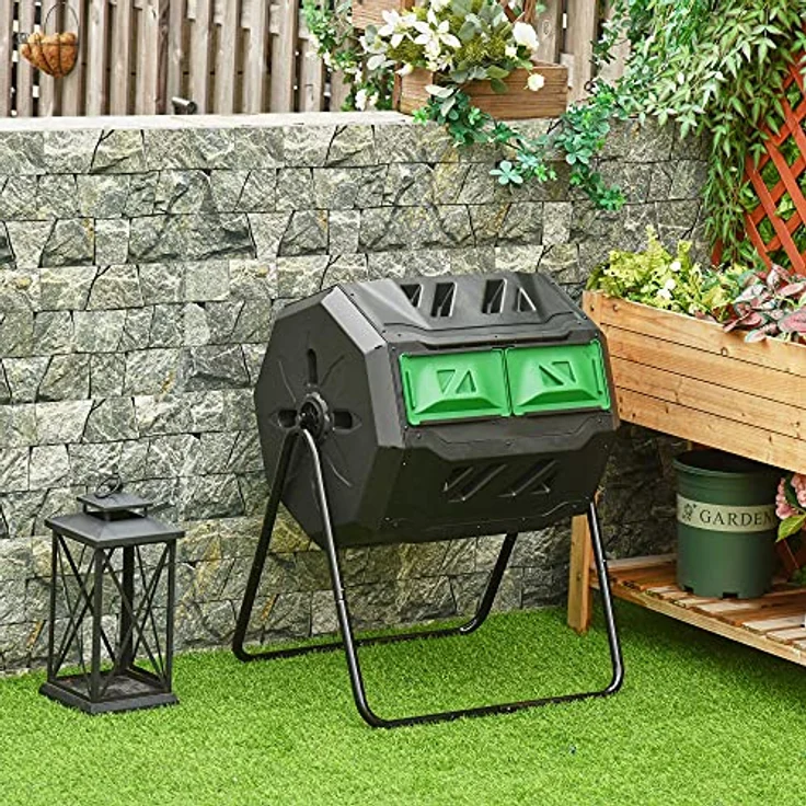 Outsunny Trommel-Komposter, 160L Gartenkomposter mit 2 Kammern, Drehbarer Schnellkomposter, für Bio- und Garten-Abfälle, Schwarz - Preisvergleich – Bild 2