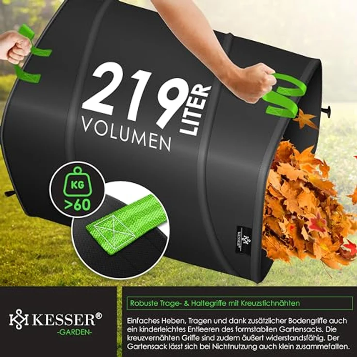 KESSER® Pop-Up-Gartensack 219L, stabiler und faltbarer Laubsack mit robusten Griffen, wasser- und reißfest, inkl. Handschuhe – Bild 5