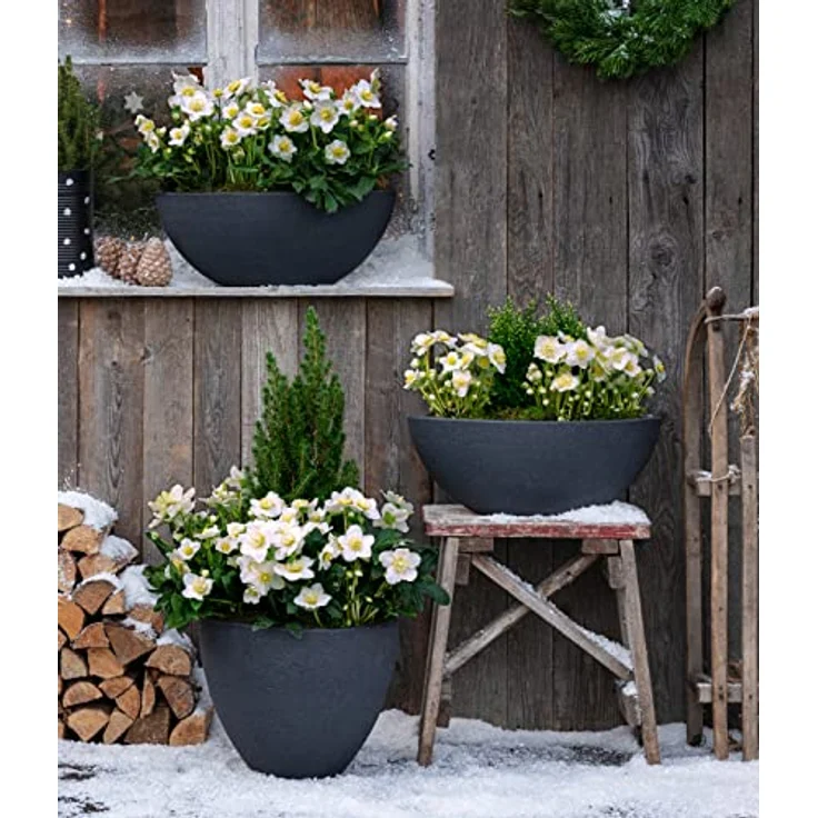 Dehner Pflanztopf Stone, Ø 40 cm, Höhe ca. 31 cm, Kunststoff, anthrazit – Bild 2