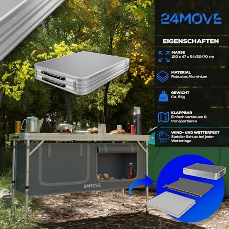 24MOVE® Campingküche Praia, faltbar und höhenverstellbar, Alu Reiseküche mit Arbeitsplatte und Staufächern, grau, inkl. Tragetasche – Bild 2